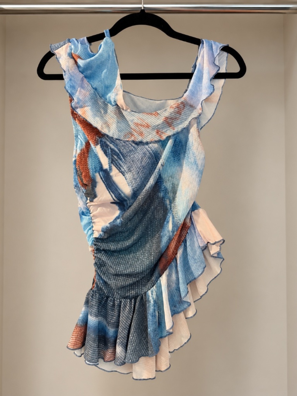 Blue Abstract Print Ruched Ruffle Mini Dress | Asymmetrical Y2K Style